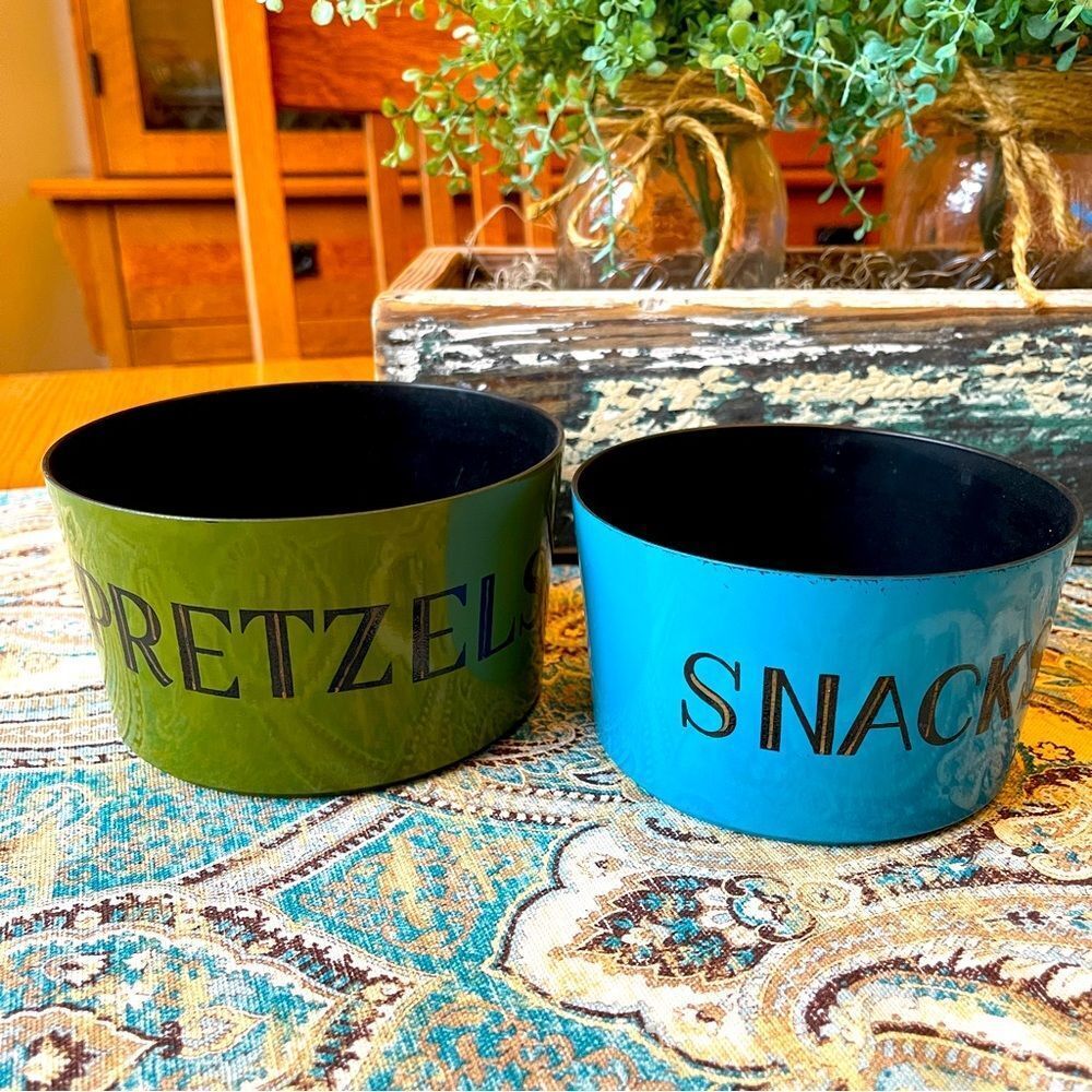 Mid Century Melamine Pretzel & Snack Bowls Green Blue Black Set of 2 1970s